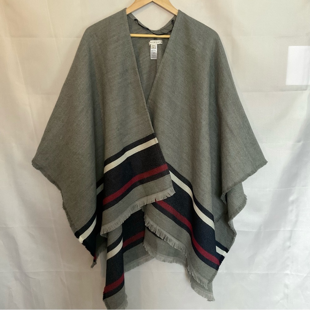 Tommy Hilfiger Striped Open Front Fringe Poncho Blanket Scarf Shawl